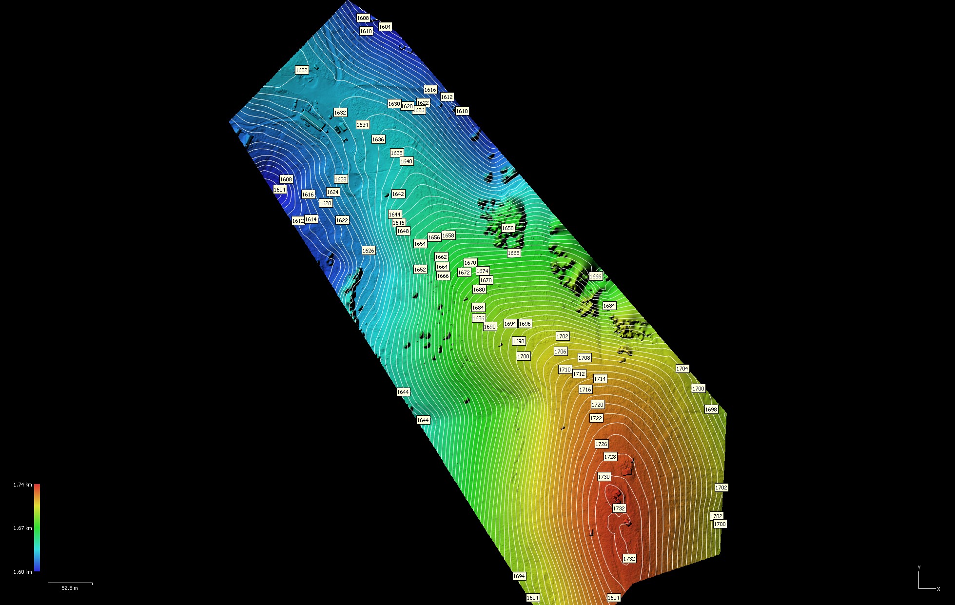 DEM con curve di livello a 2 metri e quote di dettaglio