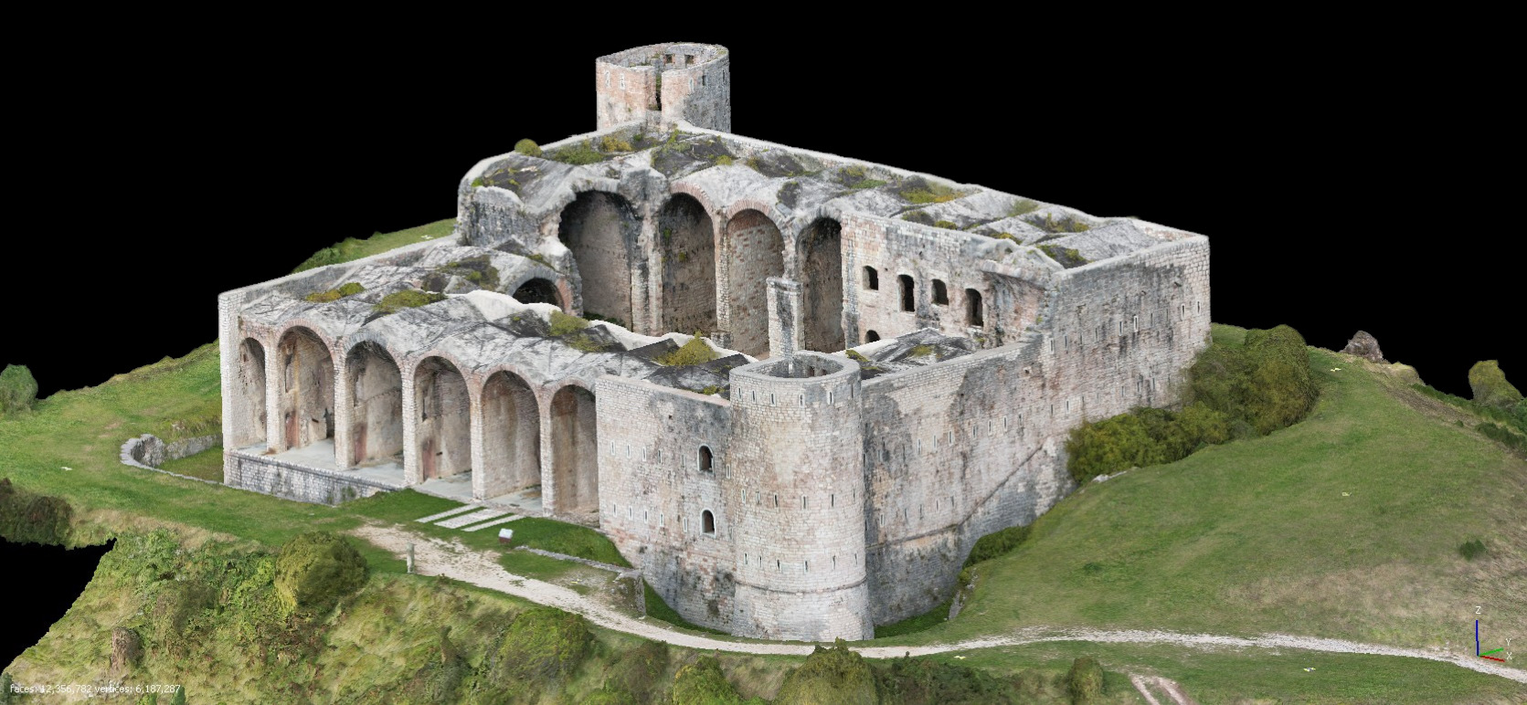 Modello 3D fotogrammetrico di fortezza storica — vista assonometrica