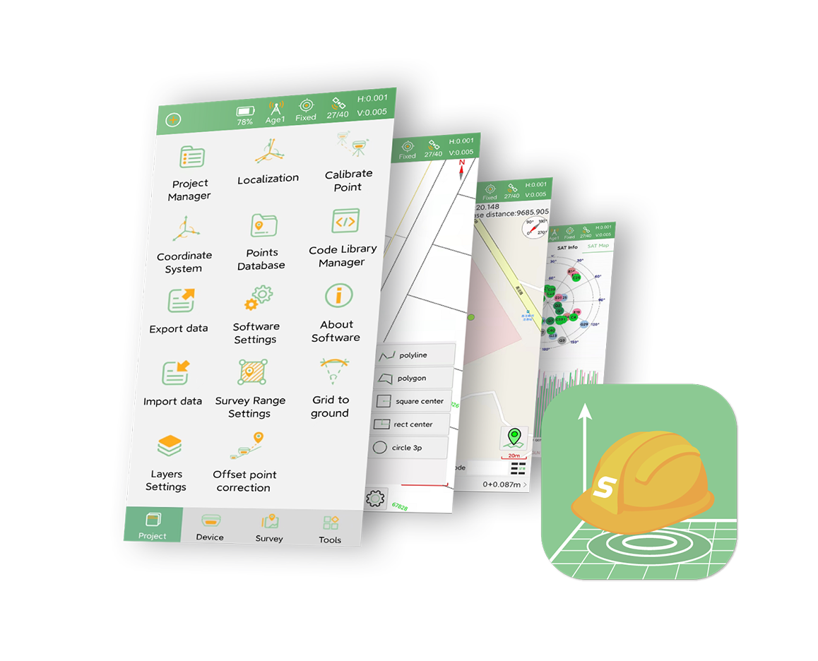 Interfaccia SingularPad su STSA9 Android Total Station: Project Manager, Localization, Calibrate Point, Coordinate System, Points Database, Code Library Manager, Export data, Software Settings, About Software, Import data, Survey Range Settings, Grid to ground, Layers Settings, Offset point correction
