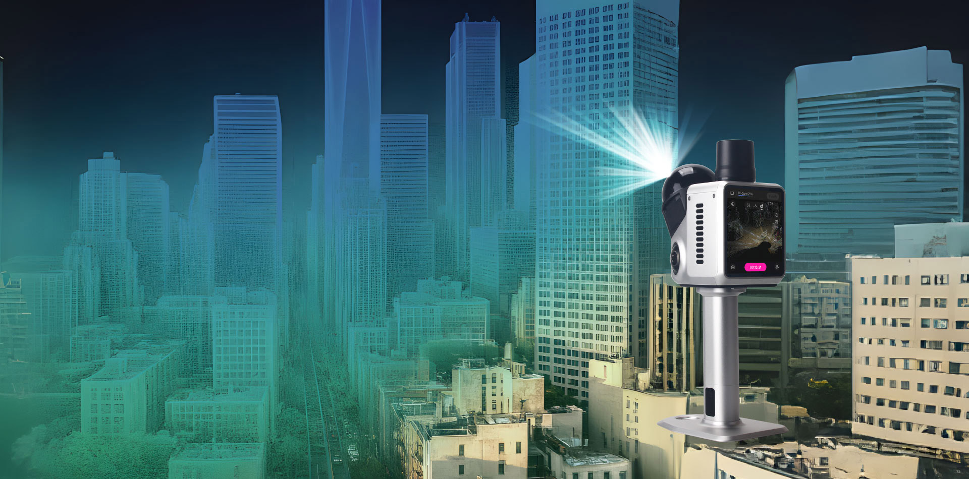 H1 Handheld 3D Laser Scanner in azione su uno skyline urbano