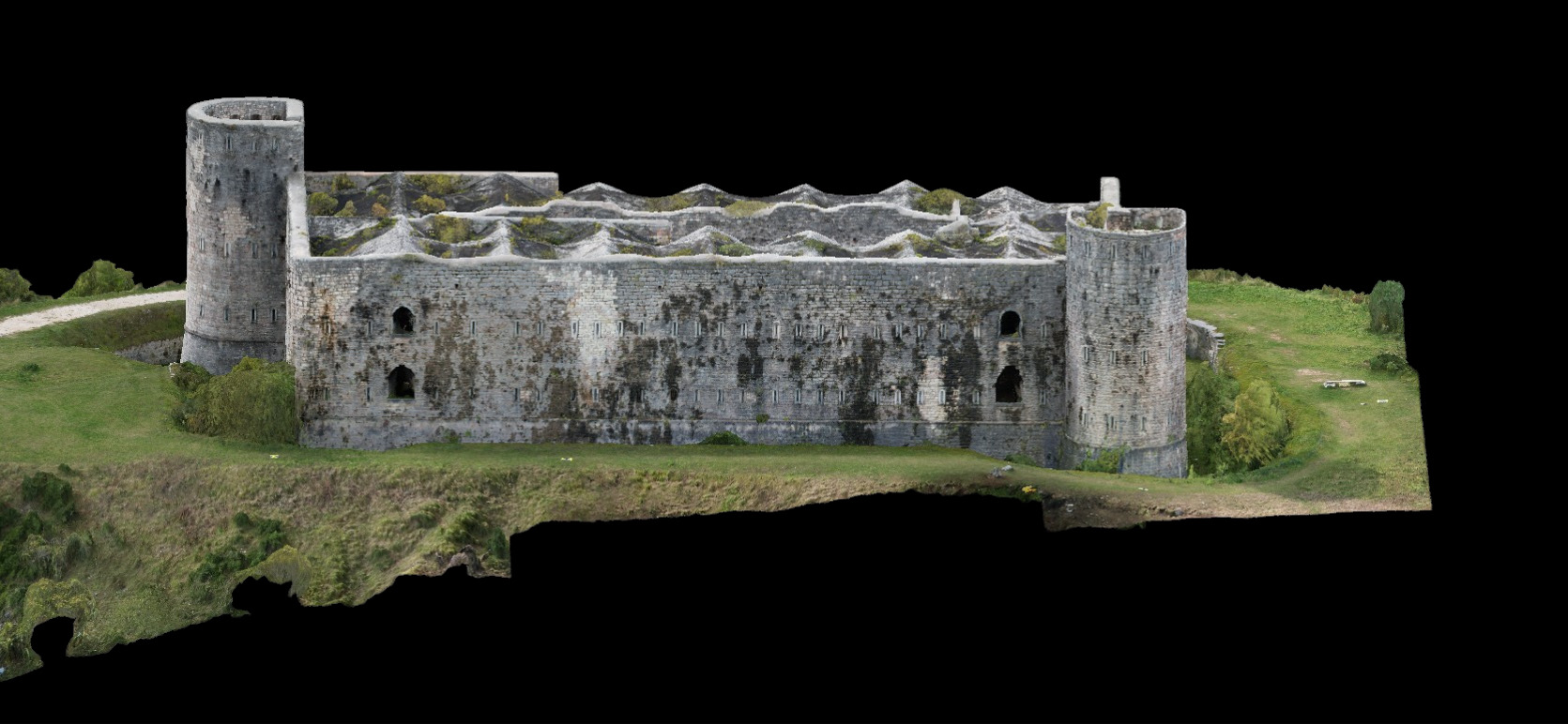 Prospetto ortografico di fortezza con torri laterali