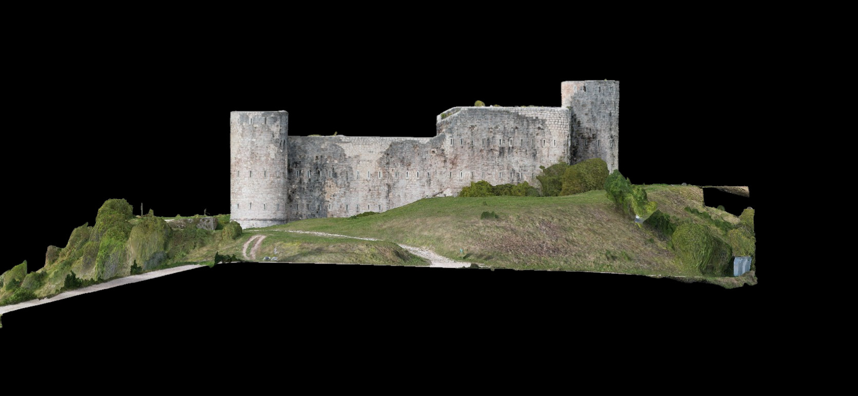 Prospetto ortografico laterale di fortezza con torri