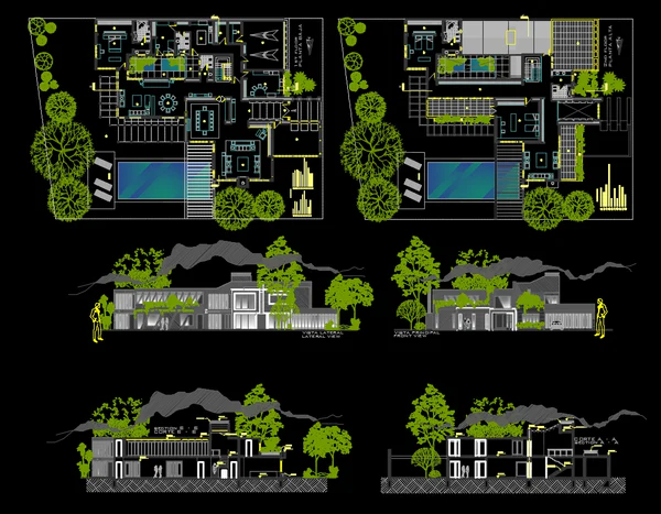 Tavole CAD con planimetrie, prospetti e sezioni di progetto architettonico