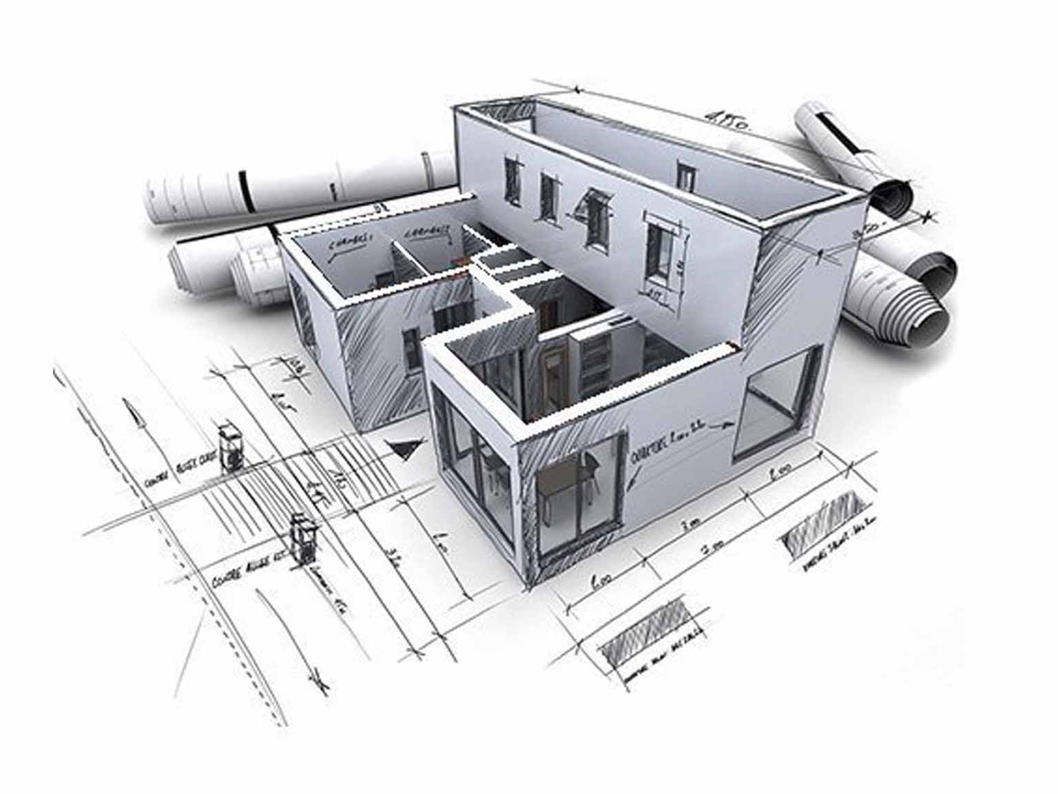 Modello 3D architettonico con tavole tecniche CAD