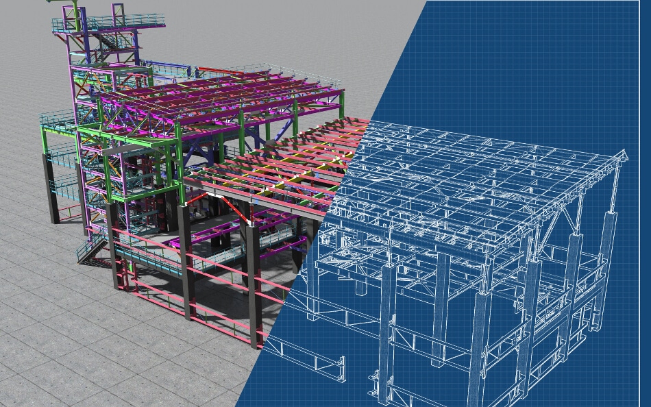 Modello BIM strutturale con vista wireframe